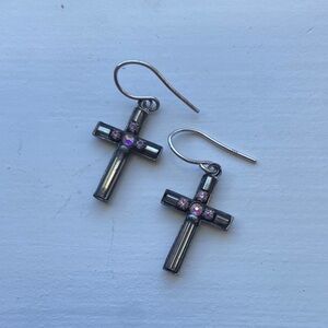 Crystal Rhinestone cross earrings, clear and light purple accent colors.